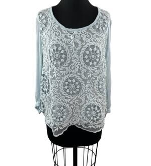 STELLA ROSA Italy Light Blue Cotton Blend Embroidered Long Sleeve Blouse Top M